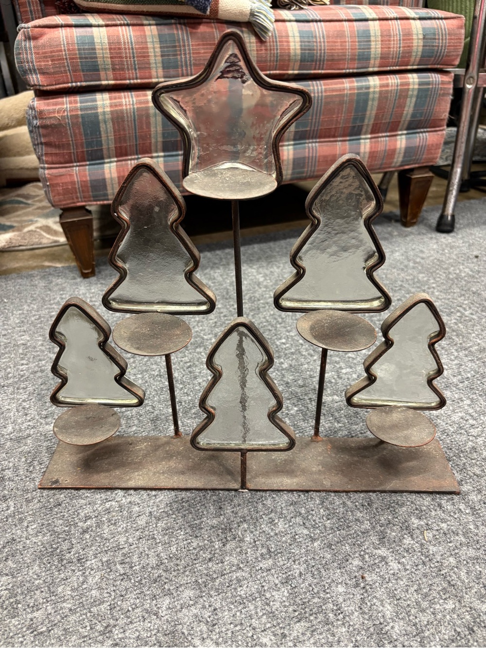 Vintage Cast Iron And Blown Glass Three Tier Candle Holder Trees and Stars